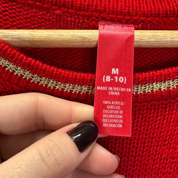 Womens Red & Gold Snowman Reindeer Christmas Tree Ugly Sweater Holiday Sz M - Picture 7 of 8